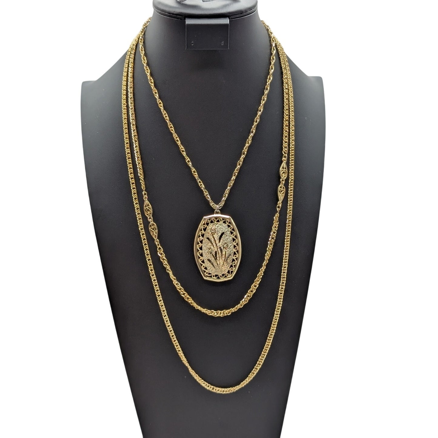 Vintage Gold Tone Triple Strand Layered Chain Pendant 32" Necklace