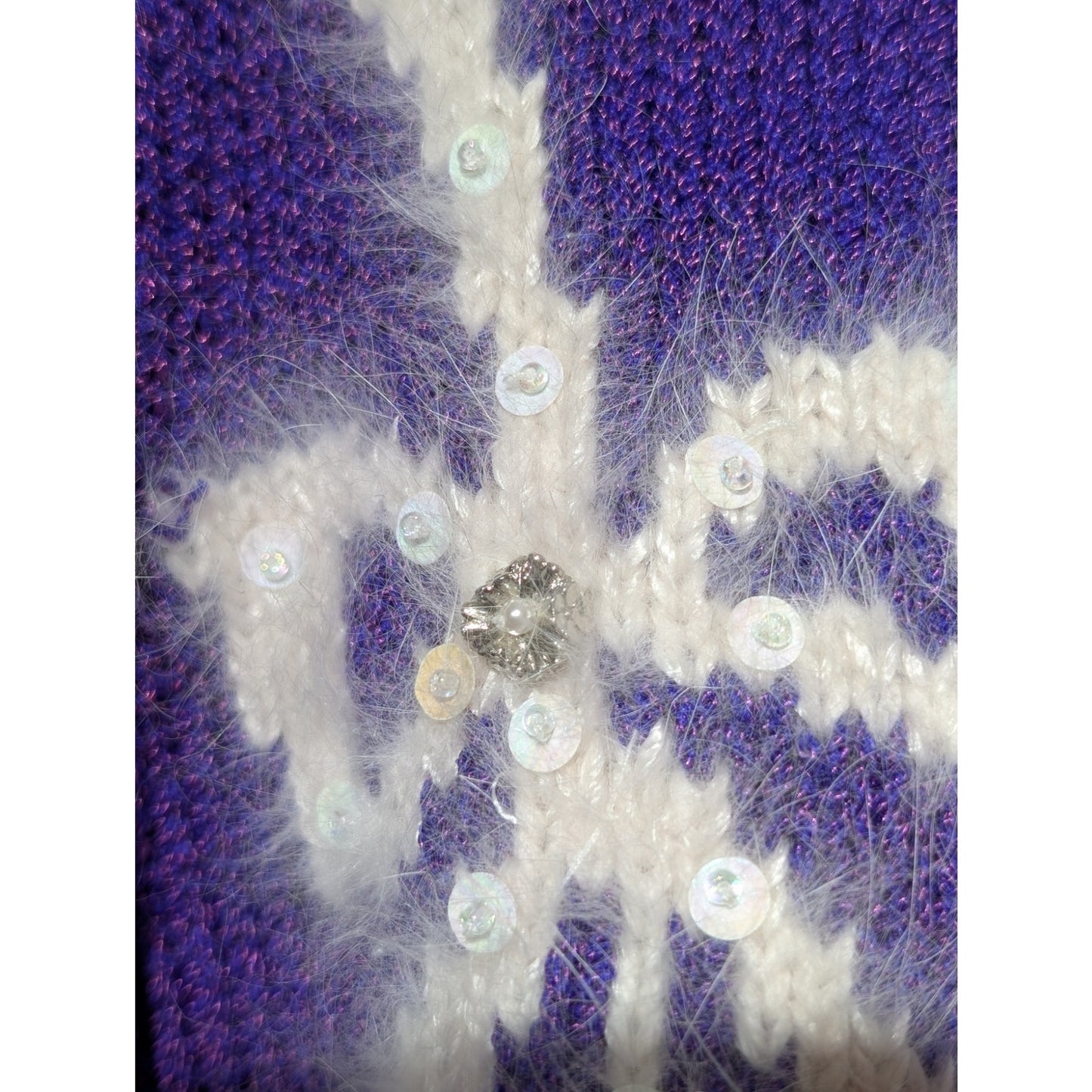 Vintage 80s Christine Purple Angora Bows Faux Pearls Sequin Sweater Women's M