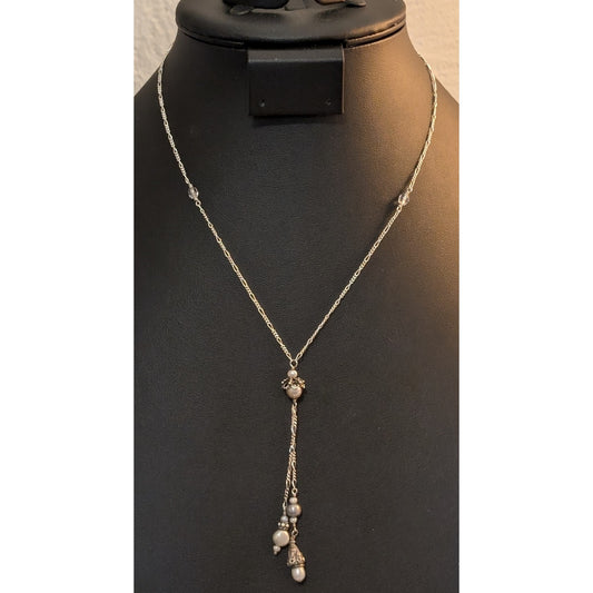 Vtg Sterling Silver Figaro Gray White Multi-Shaped Pearl Crystal Y Necklace