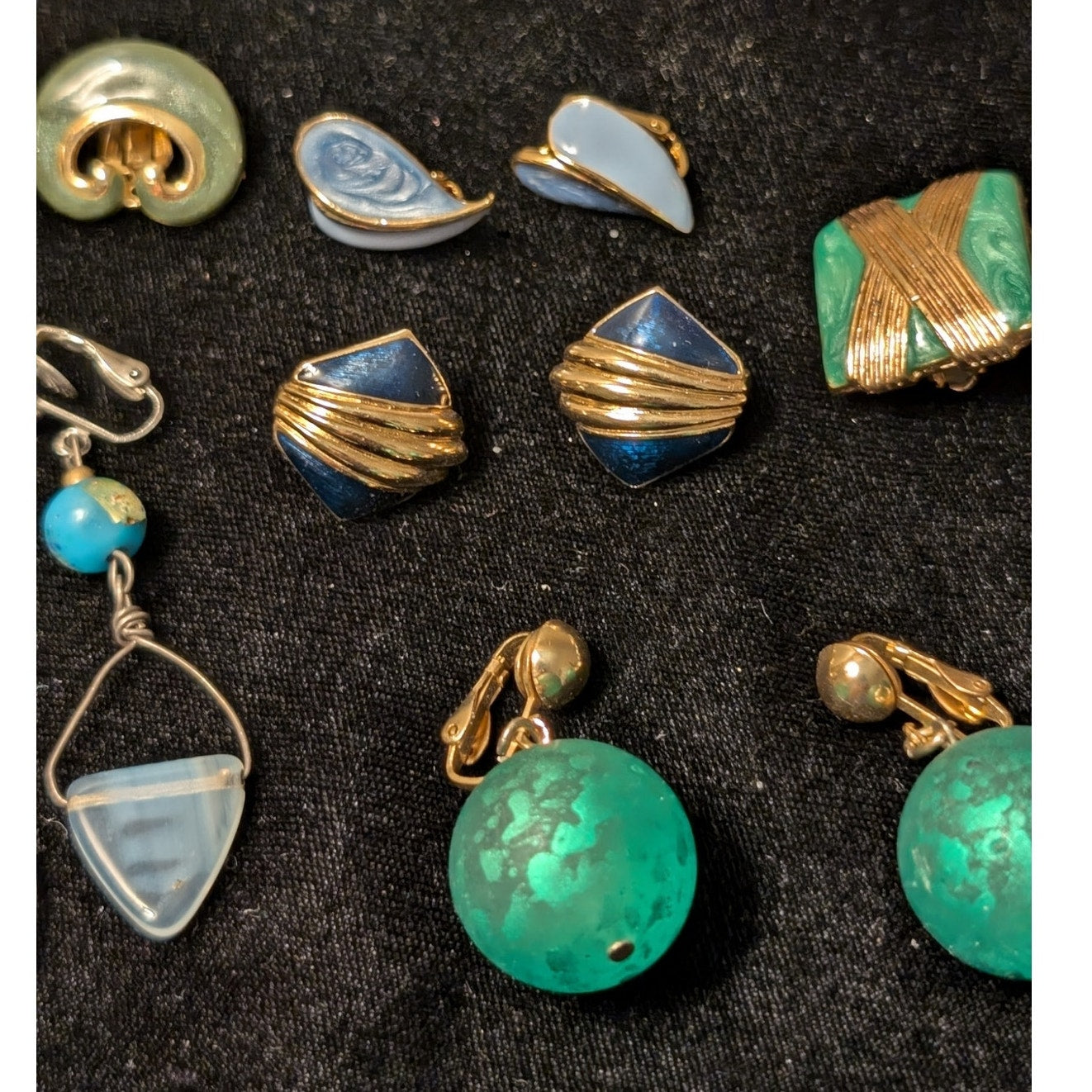 Vintage Ten Pair Blue/Green Theme Clip On Earring Lot
