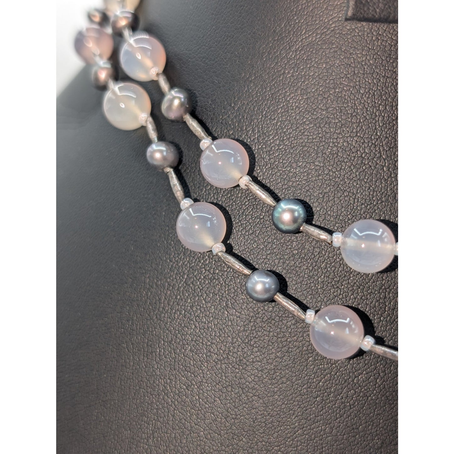 Vintage Opaque Glass & Pearl Bead Double Strand Hook Clasp 15" Necklace