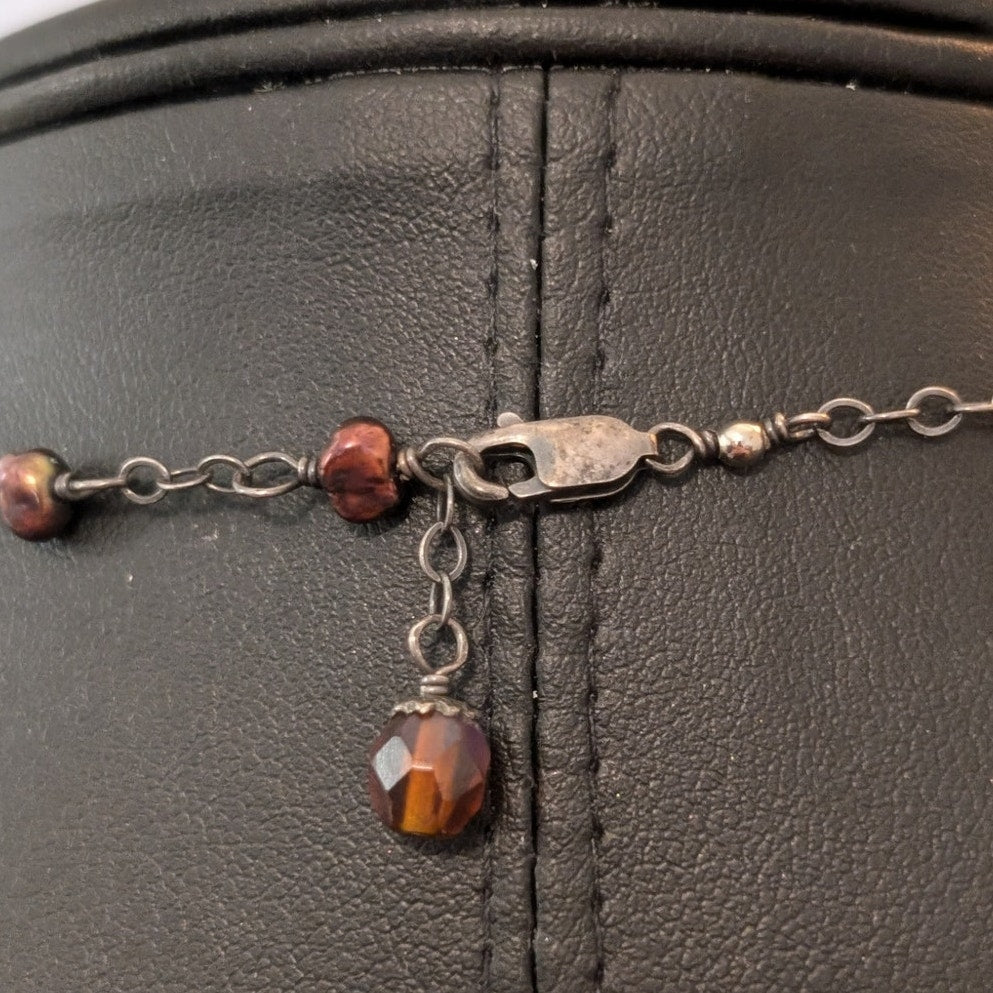 Vintage 925 Sterling Red/Brown AB Crystal Copper Pearl Bead 16"-18" Choker