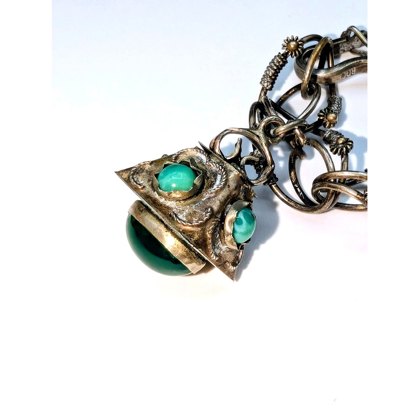 Antique Etruscan Revival 800 Silver Ornate Multi-Stone Charm Fob Bracelet