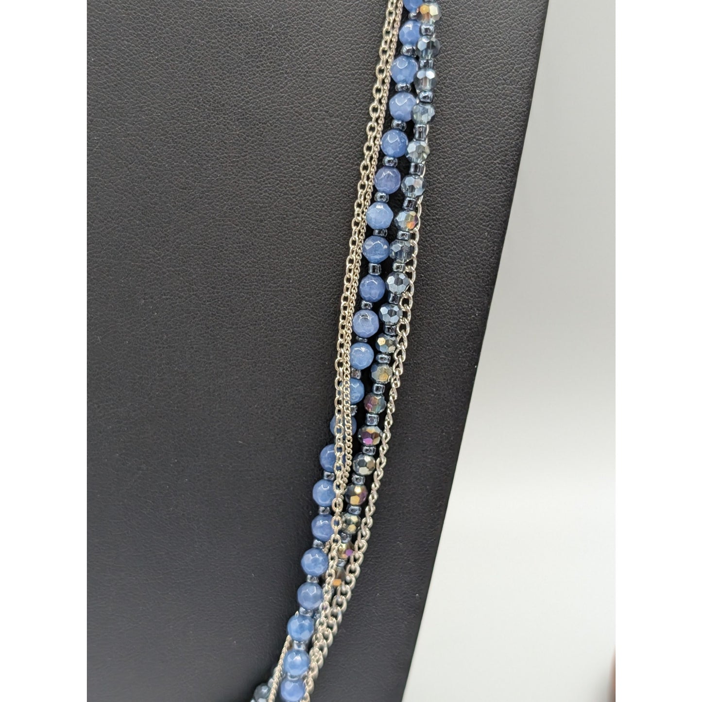 Silver Tone Multi-Chain Blue Bead Rawhide Adjustable Boho Necklace