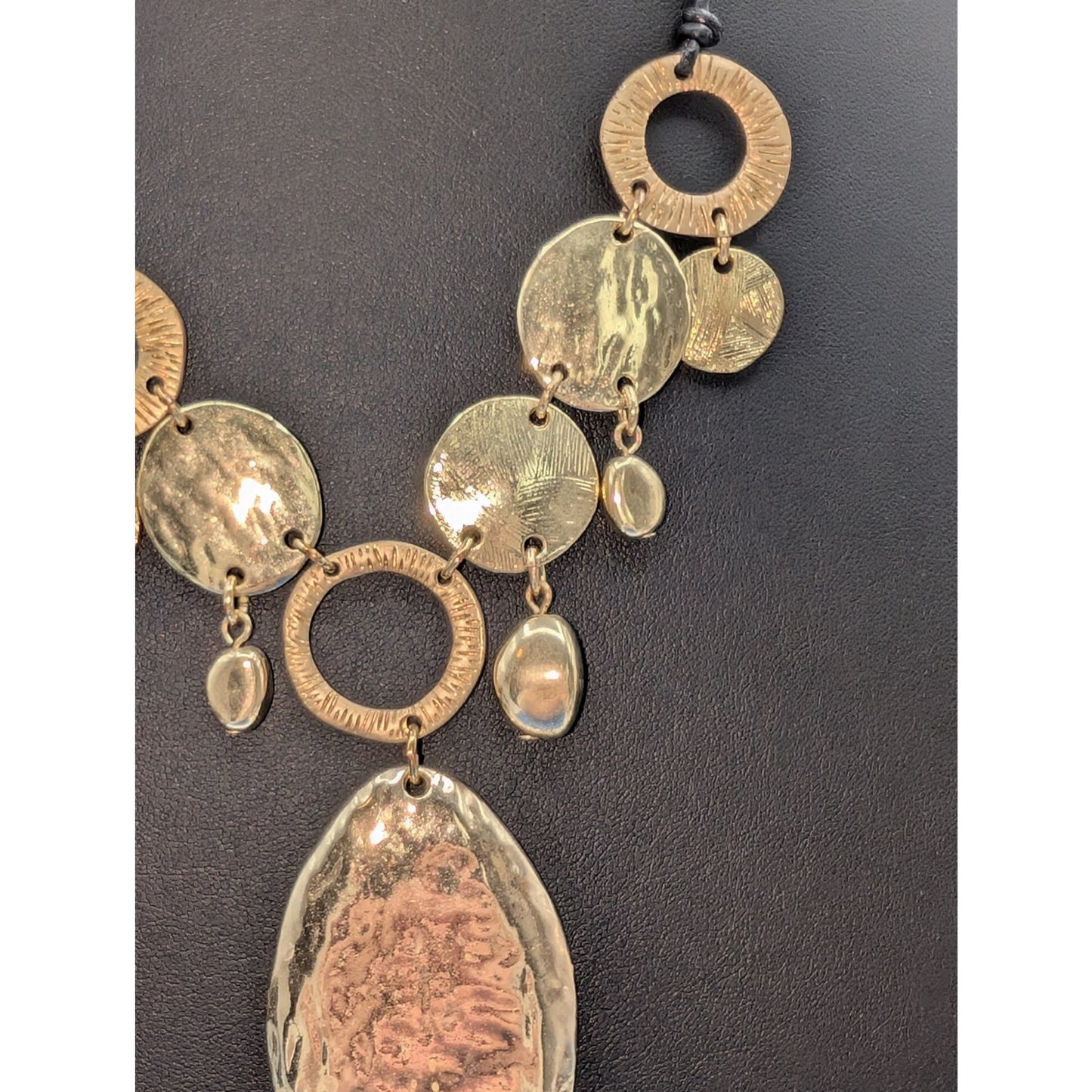 Chico's Gold Tone Hammered Metal Disk Dangles Corded 17"-21" Necklace