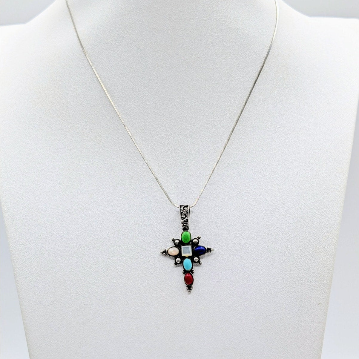 Vintage 925 Sterling Multi-Stone Cross Pendant 16" Square Snake Chain Necklace