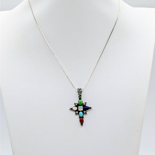Vintage 925 Sterling Multi-Stone Cross Pendant 16" Square Snake Chain Necklace