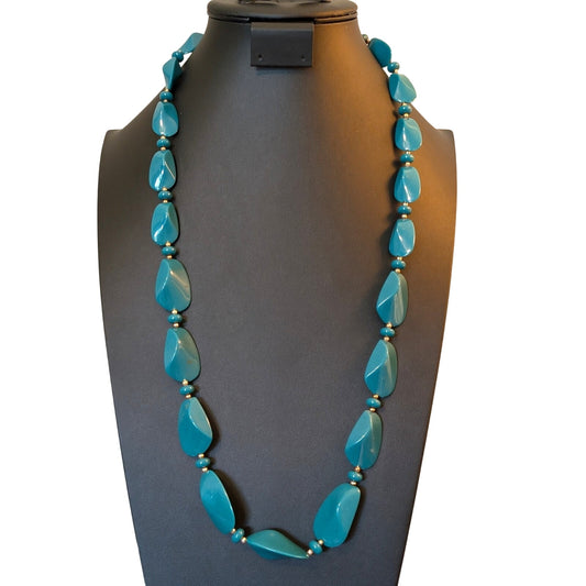 Vintage Teal Acrylic Bead Long Necklace W/ Fold Over Clasp