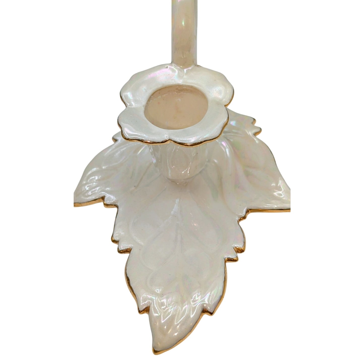 Vintage Signed 1953 Iridescent Cream Gold Trimmed Leaf Candle Holder