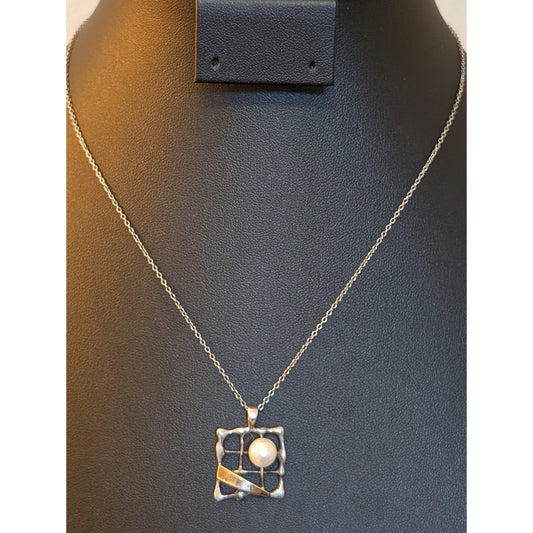 Vintage Modernist 14K 925 Open Basketweave Floating Pearl Pendant Necklace