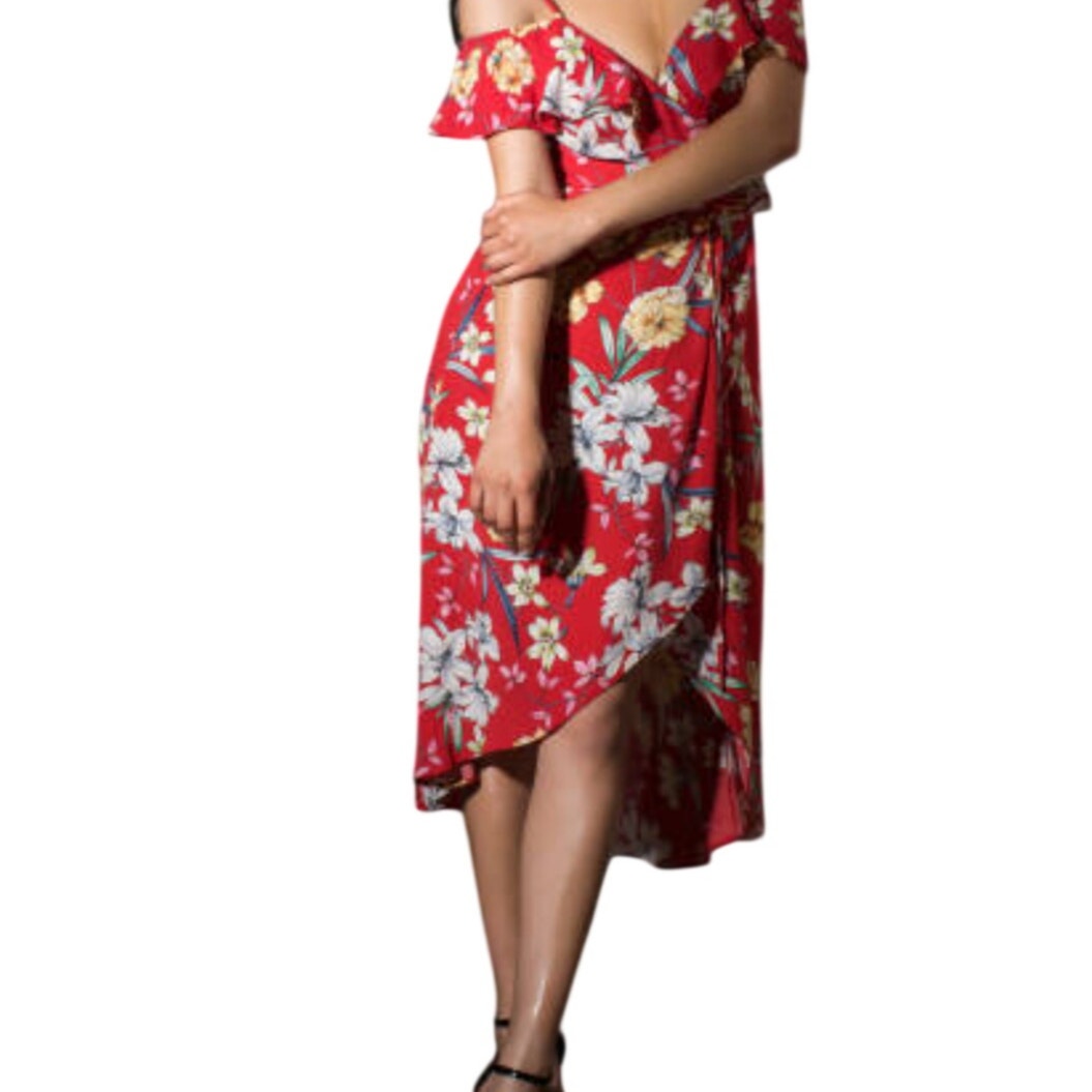 Bershka Red Floral Ruffle Cold Shoulder Wrap Dress Womens Sz M Runs Small