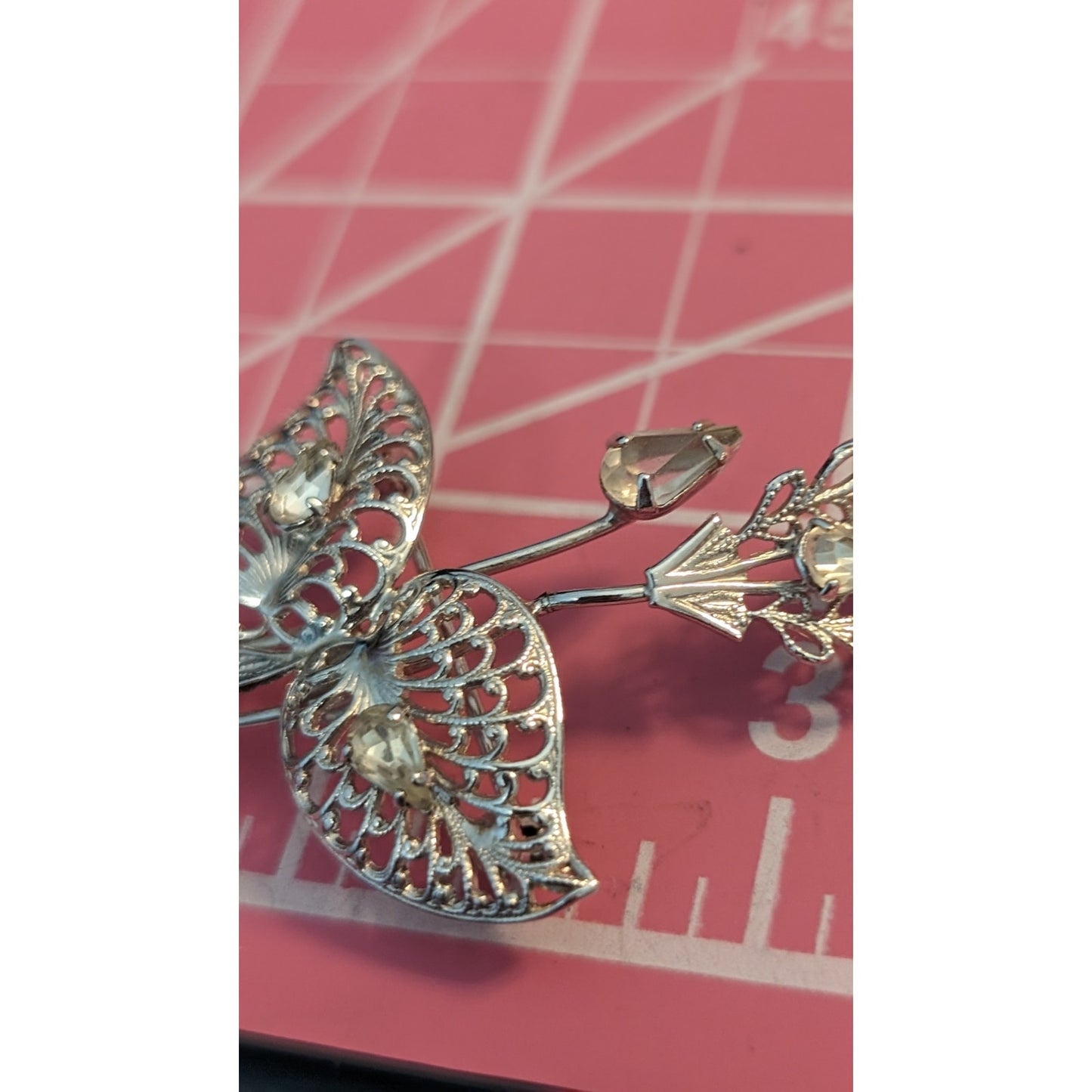 Signed Vintage Titan Sterling Filigree Rhinestone Floral Brooch