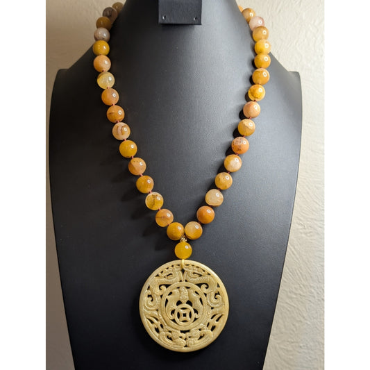 24" Asian Motif Silver Tone Carved Jade & 14mm Peach Aventurine Necklace 177.1g