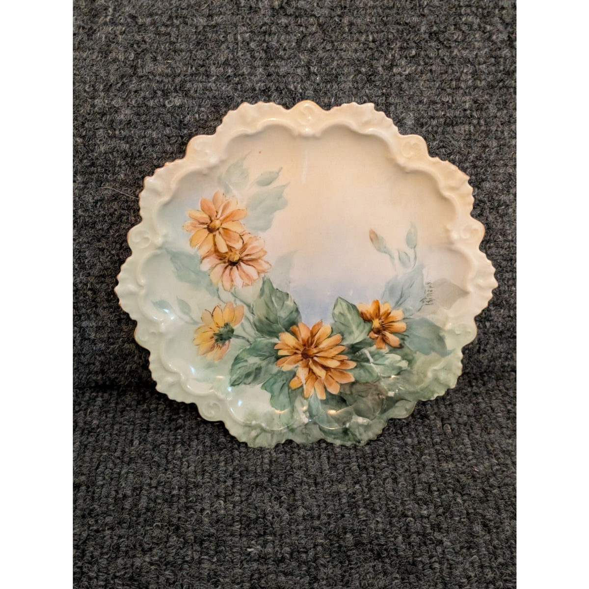 Vtg M.Z. Made in Austria Fancy Edge Hand-Painted Yellow Flower 6" Plate Signed