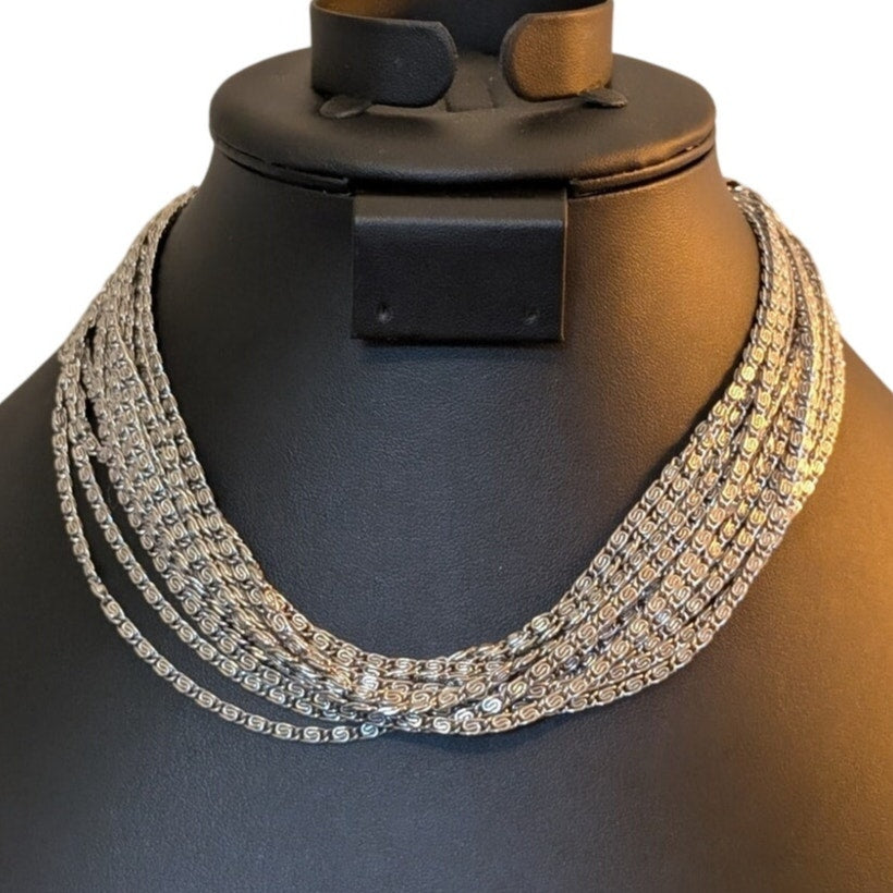 Vintage 15-Strand Silver Tone Chain Choker Necklace w/ Hook Clasp