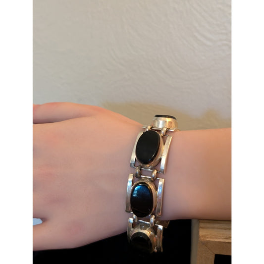 Taxco 925 Heavy Chunky Six Black Stone Bracelet
