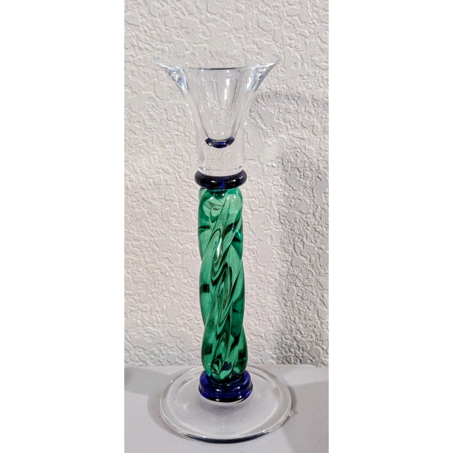 Pair of Green & Blue Twisted Glass Tulip Top Candle Holders