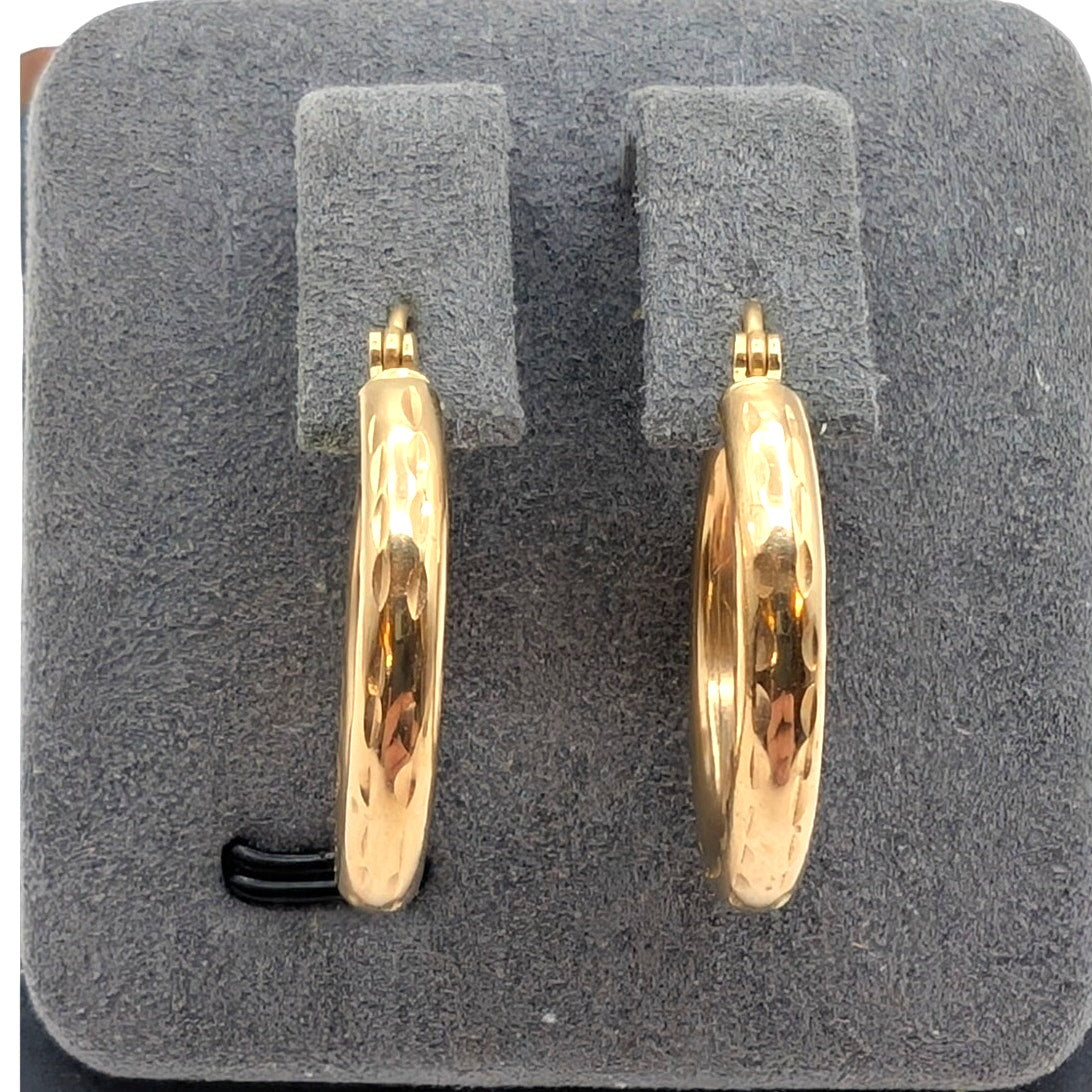 VTG 14K Polished Gold 22mm x 3mm Etched Design Everyday Hoop Earrings 1.51g