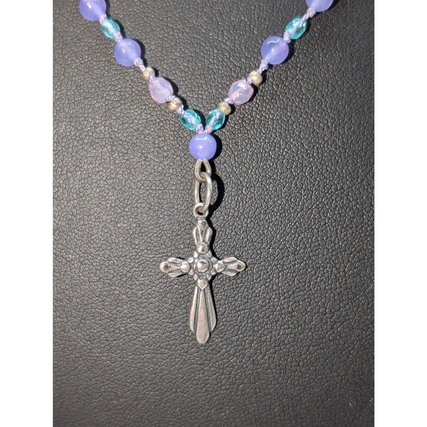 Lavender Blue Glass Bead 925 Sterling Cross 23" Necklace