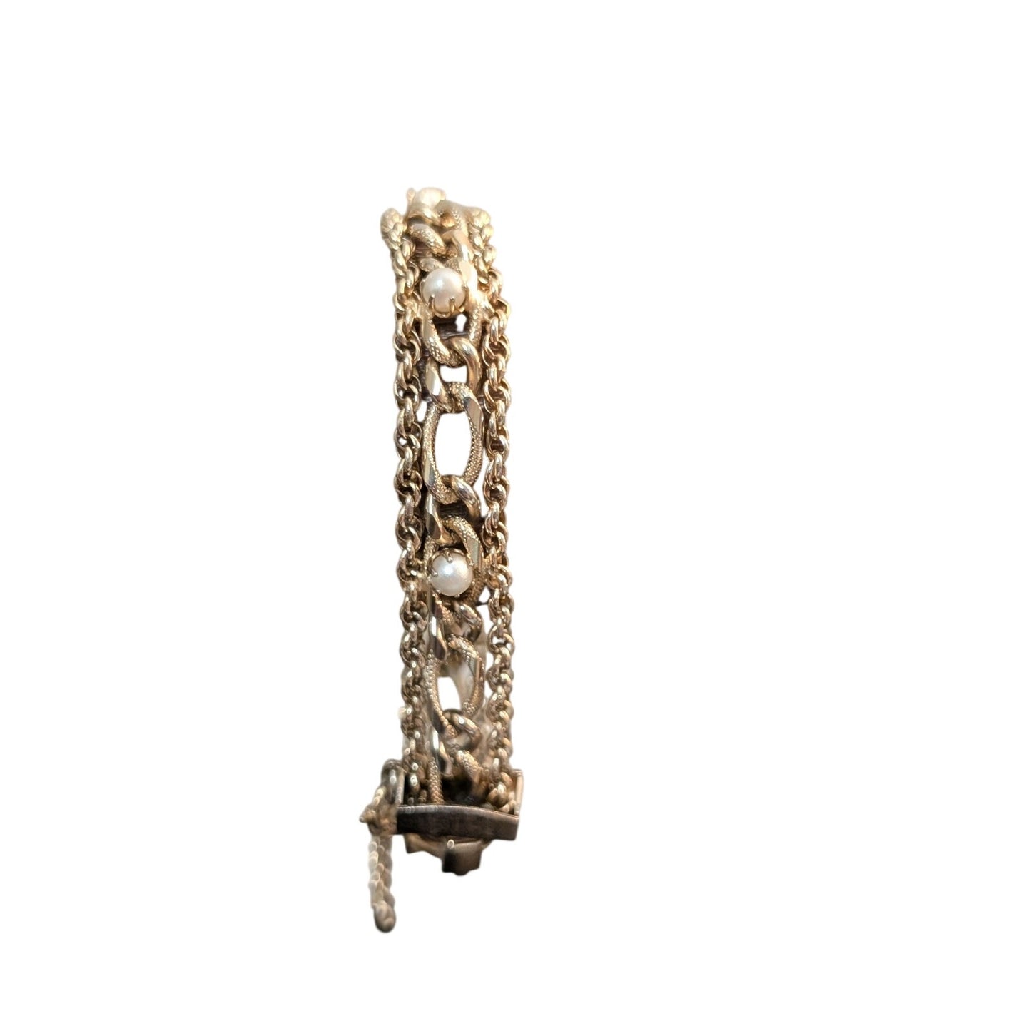 Vintage 1950s Mid-Century Exceptional Pearl Chain Link Bracelet W/ Safety Chain