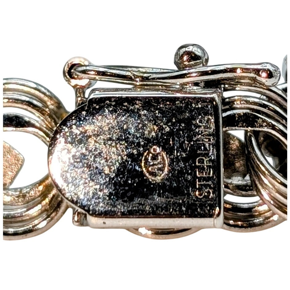 Vintage Mid Century Sterling Silver Double Link Textured Heart Charm Bracelet