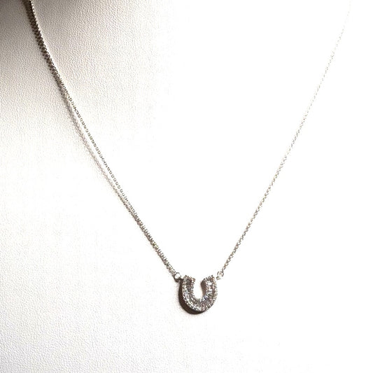 Silver Tone Baguette CZ Sparkling Horseshoe Pendant 16"-18" Necklace