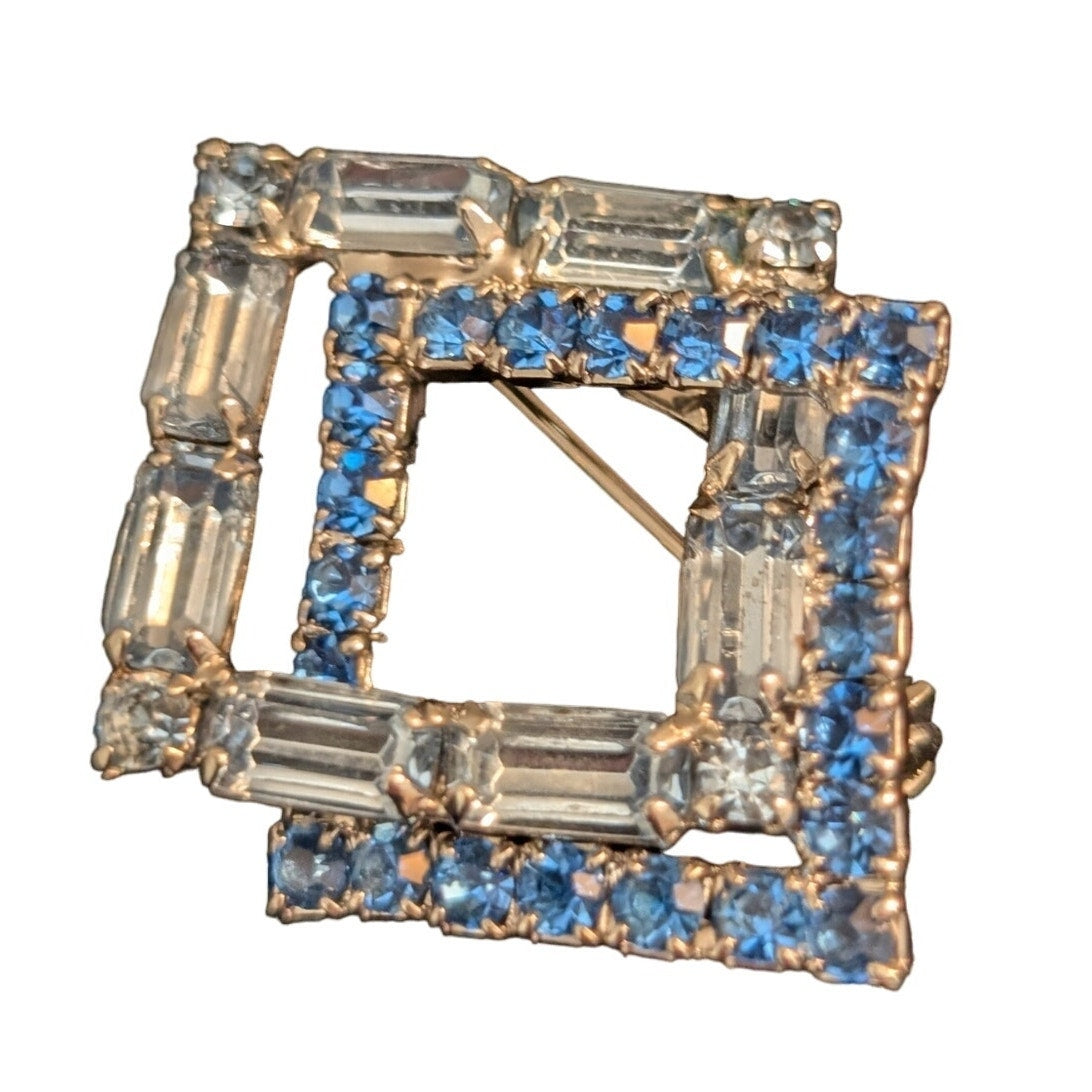 Vintage Double Diamond Ombre Baguette & Round Blue Rhinestone Brooch