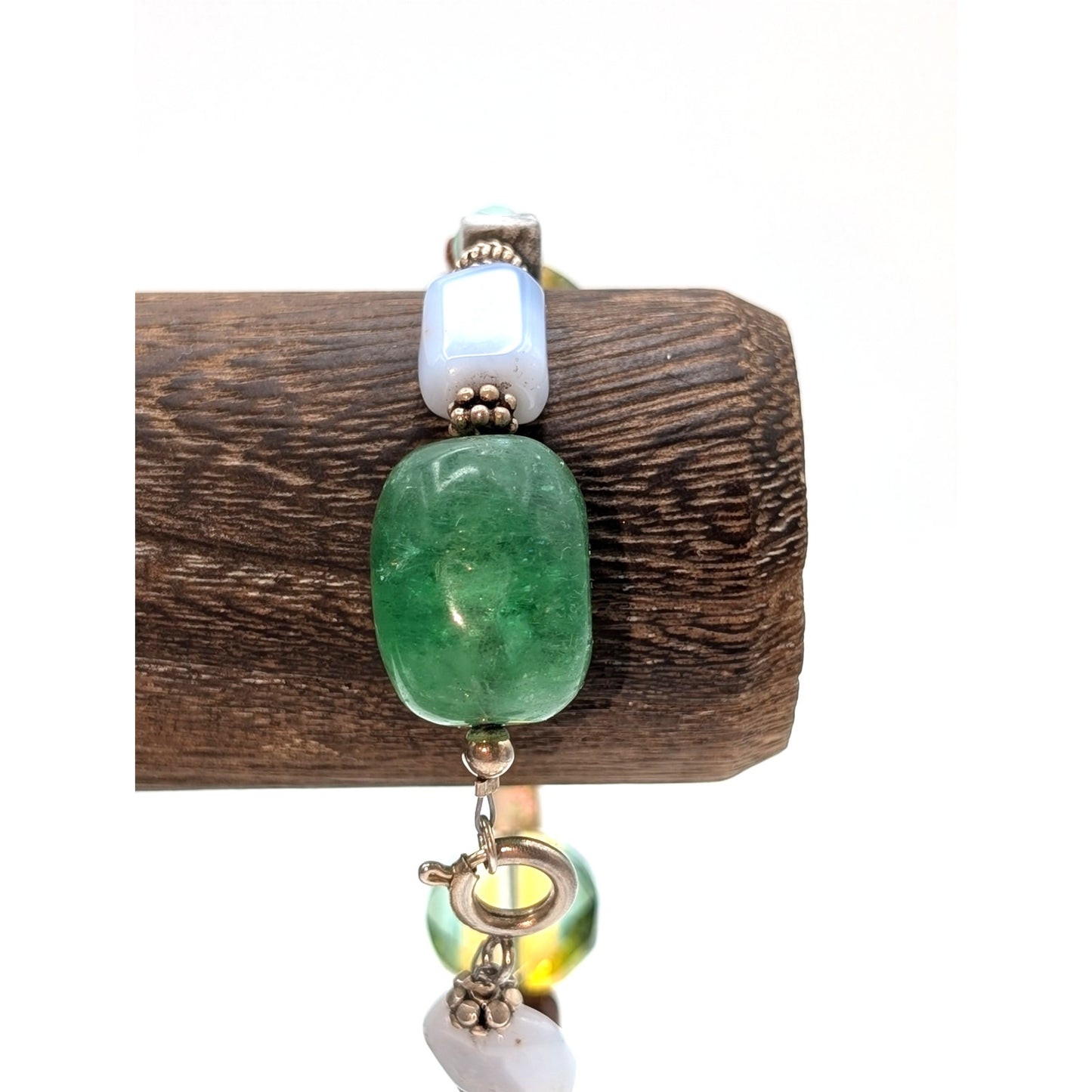 Vintage Green Glass & Crystal Agate Goldstone MOP Bead Silver Tone Bracelet