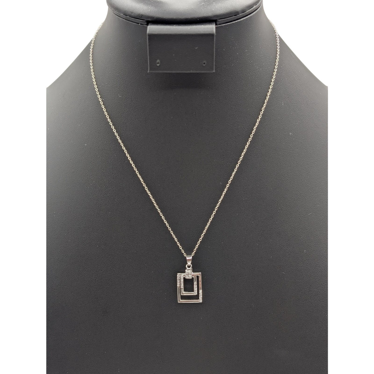 925 Sterling Silver Rectangle Within a Rectangle CZ Pendant 18" Chain Necklace