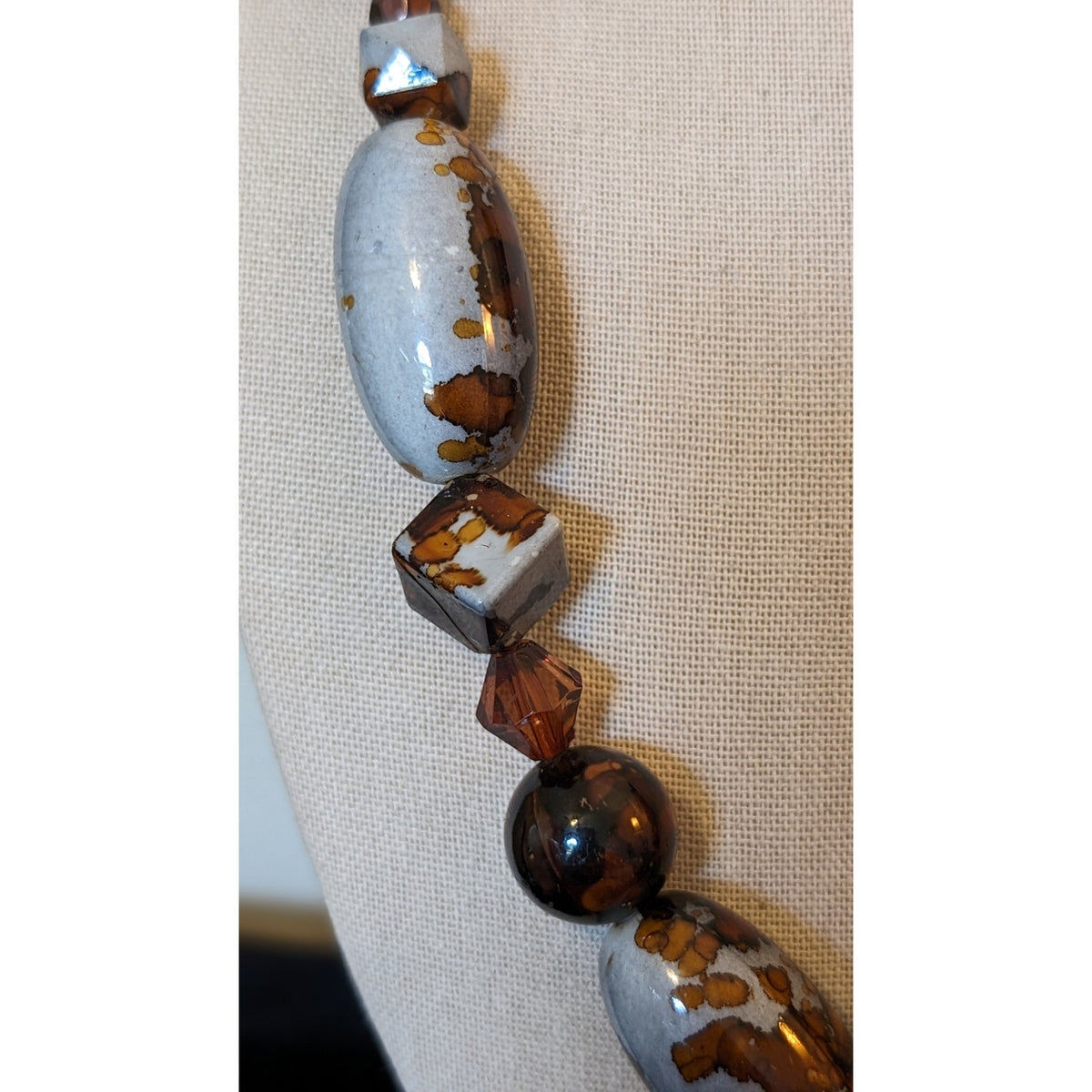 Unique Multi-Shape Gray Brown Mottled Beaded Toggle Clasp Statement Necklace