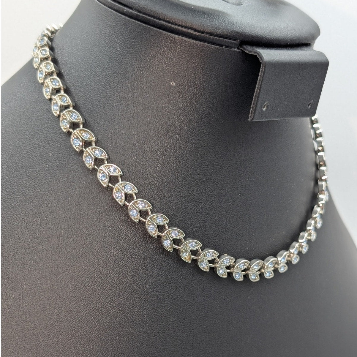 Light Blue Crystal Leaf Pattern Silver Tone Choker 16" Necklace