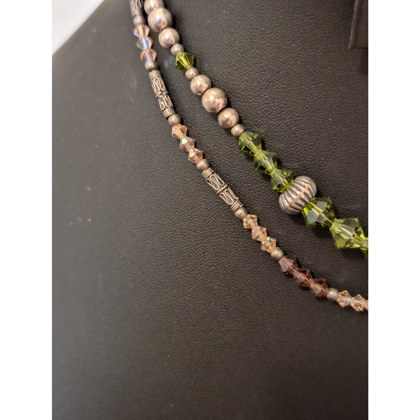 Two 925 Sterling Green Champagne Smoky Topaz Crystal Balinese Bead Necklaces