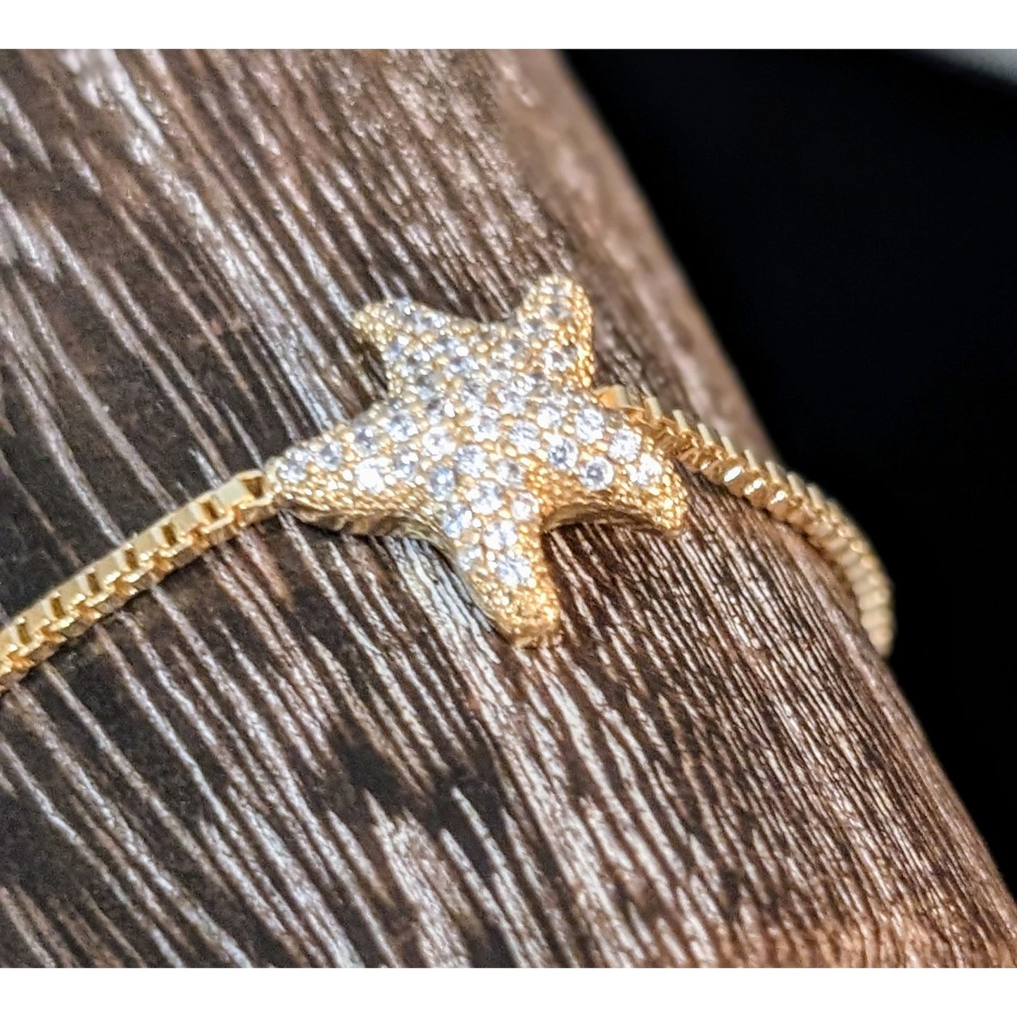 Gold Tone Rhodium Plated Box Chain Sparkle Starfish Adjustable Bracelet