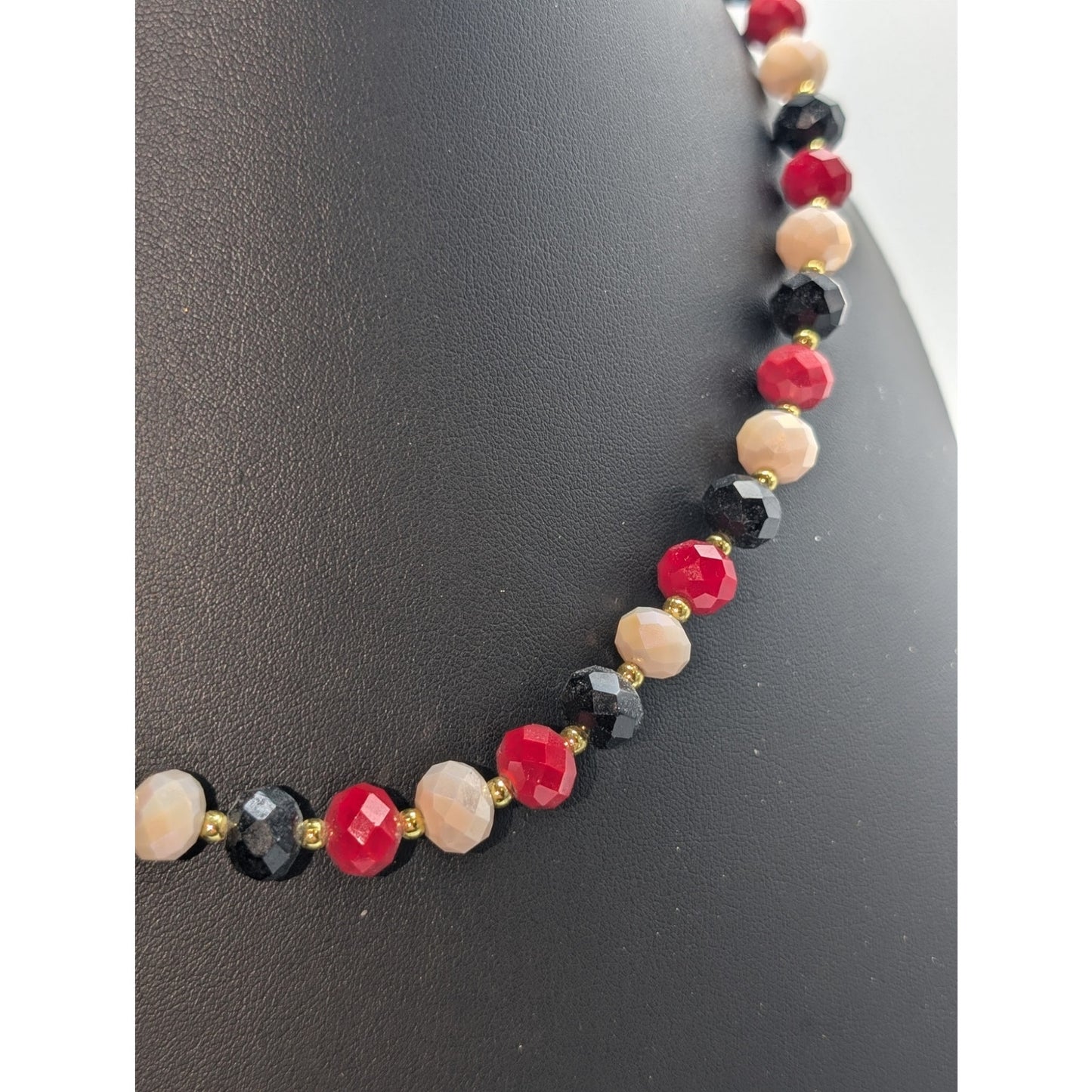 Vintage Red White Black Glass Czech Faceted Bead Gold Tone Bead 20.5" Necklace