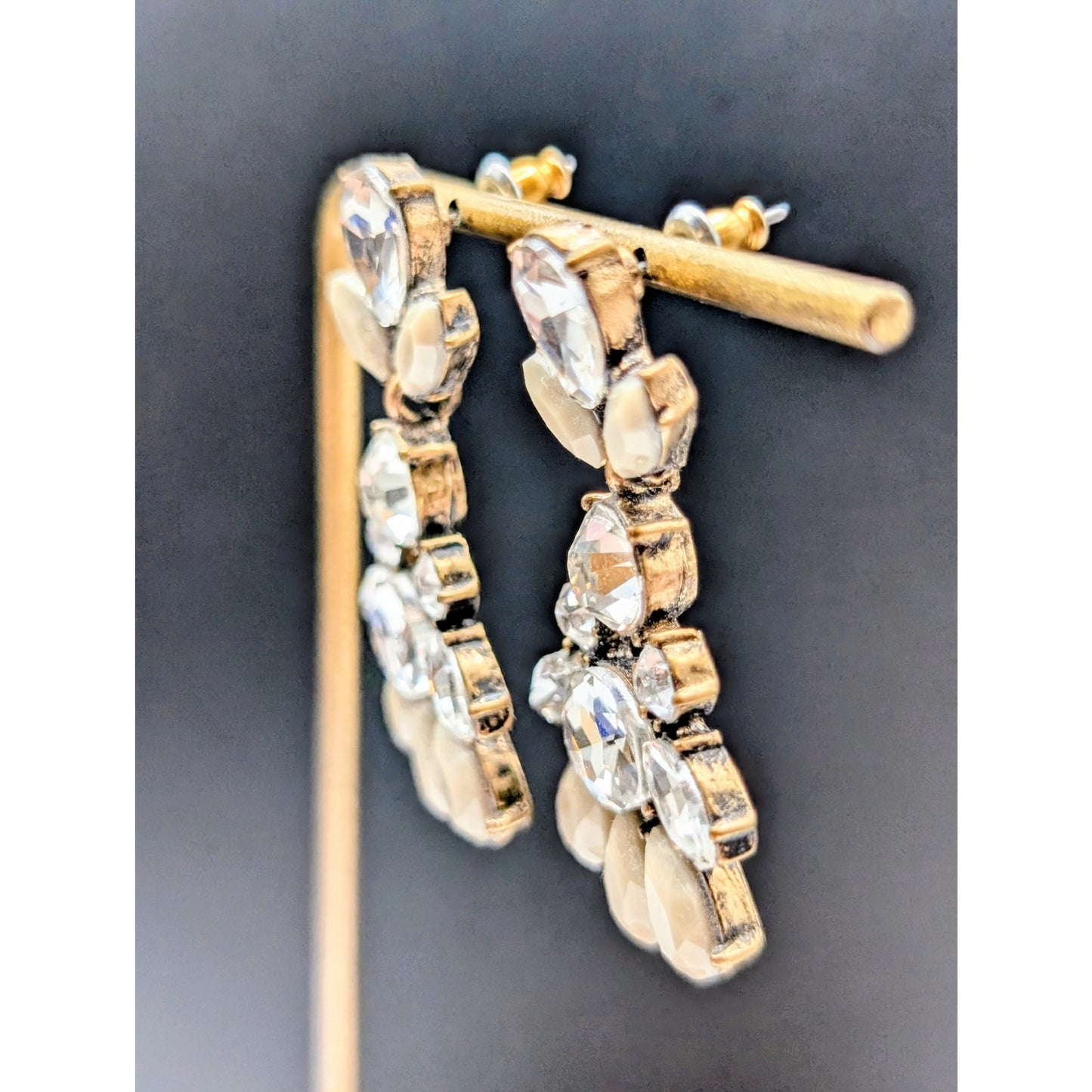 Rhinestone & Gray Green Bead Antiqued Statement Dangle Earrings
