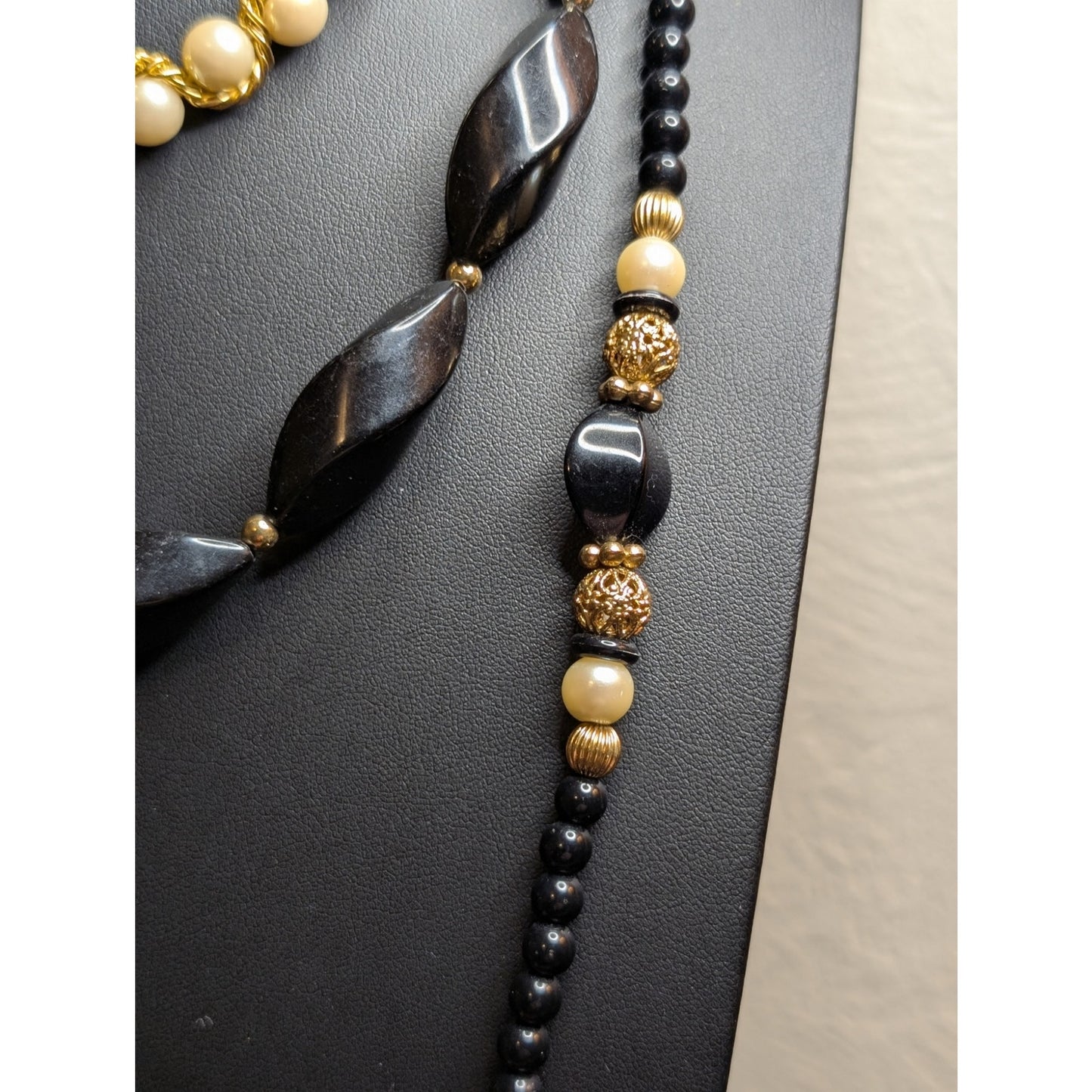 Lot of Three Cream Black Gold Layering Necklaces