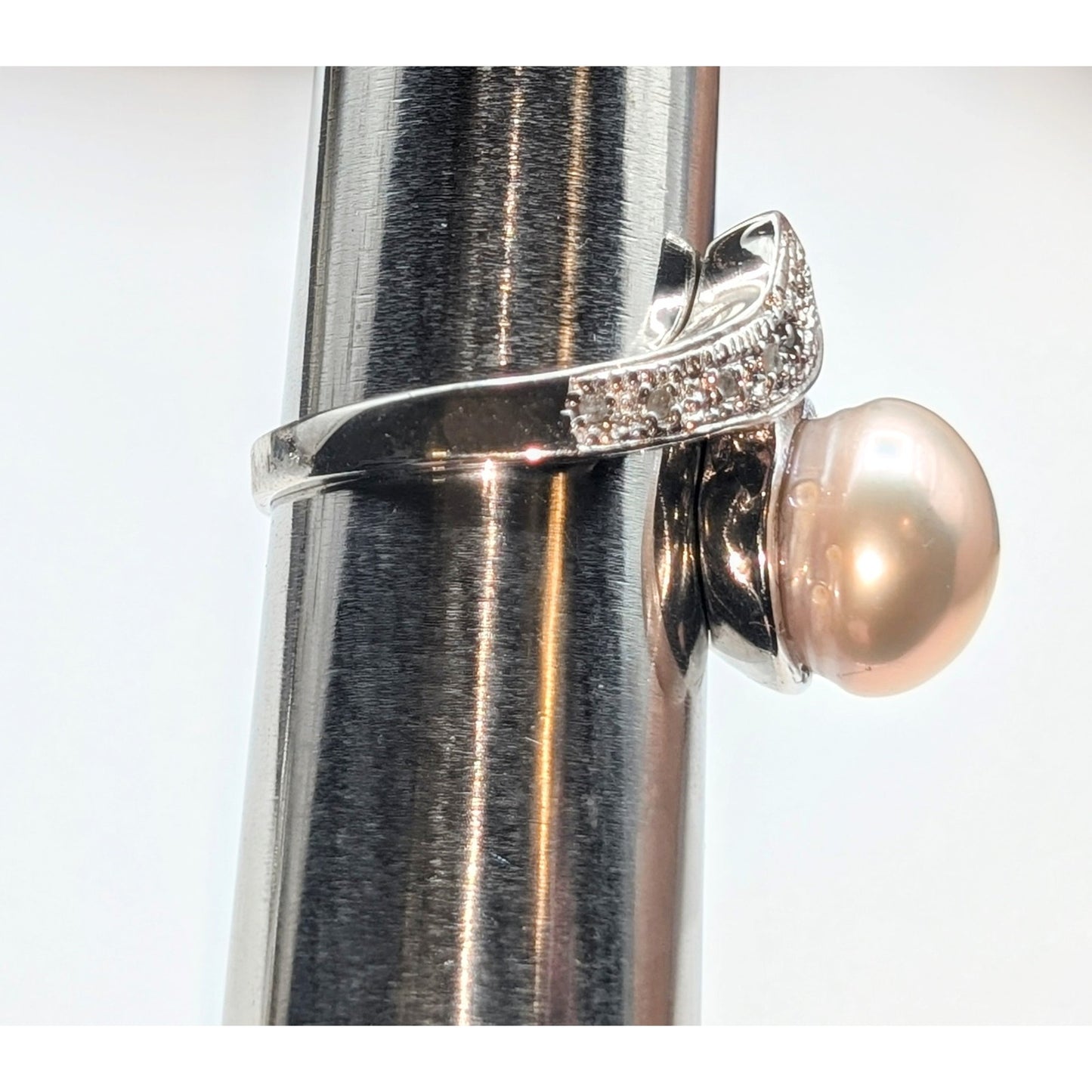 Italian Designer Boccati Sterling Silver Diamond & Pearl By Pass Ring Size 7.25