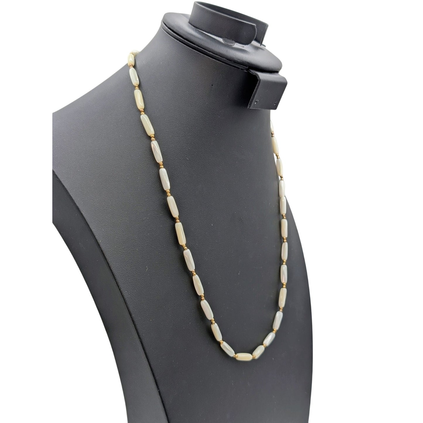 Vintage Elongated MOP & Gold Tone Bead 25" Necklace W/ Hook Slide in Clasp