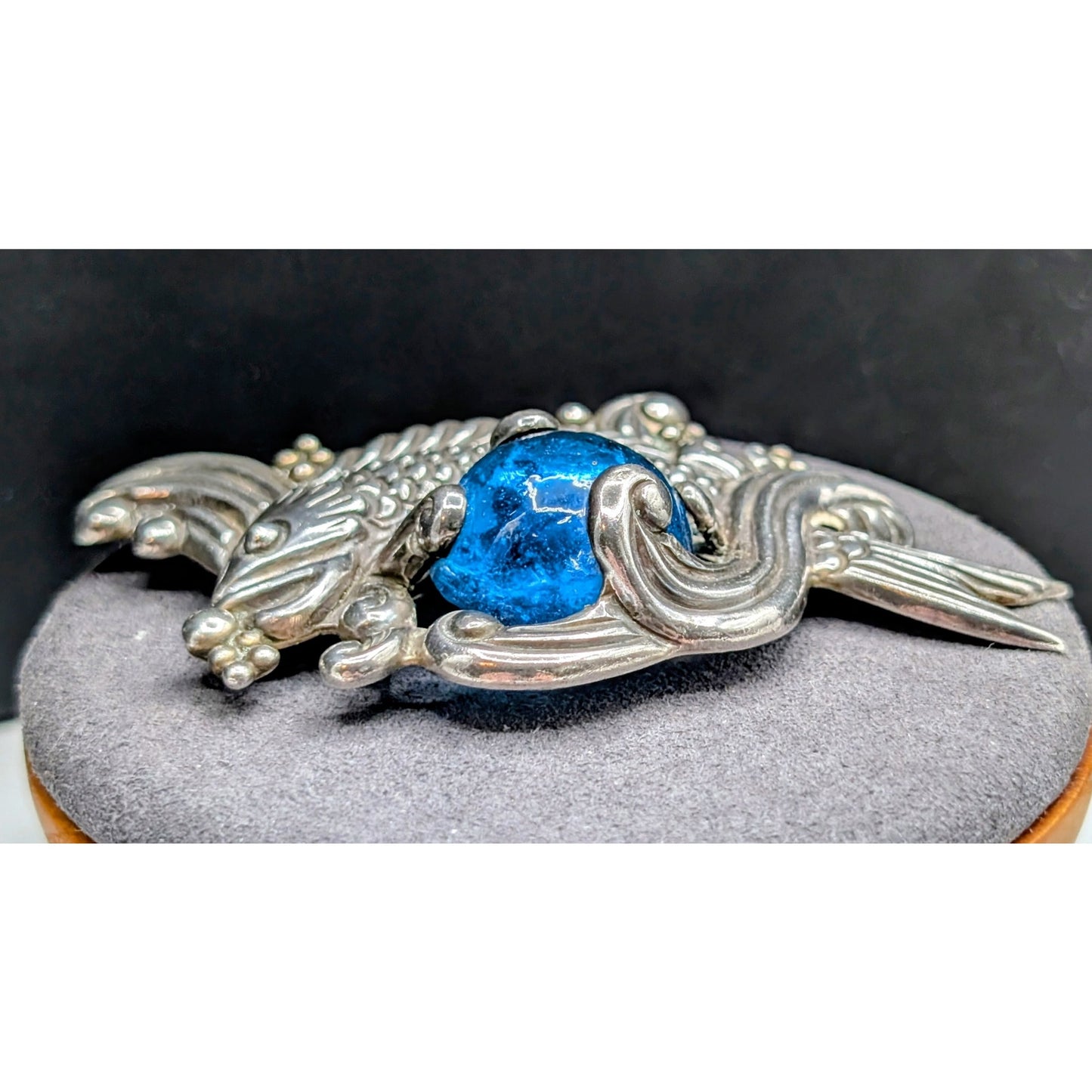 Rare VTG Los Castillo Taxco Sterling Silver Blue Glass Fish in Waves Brooch