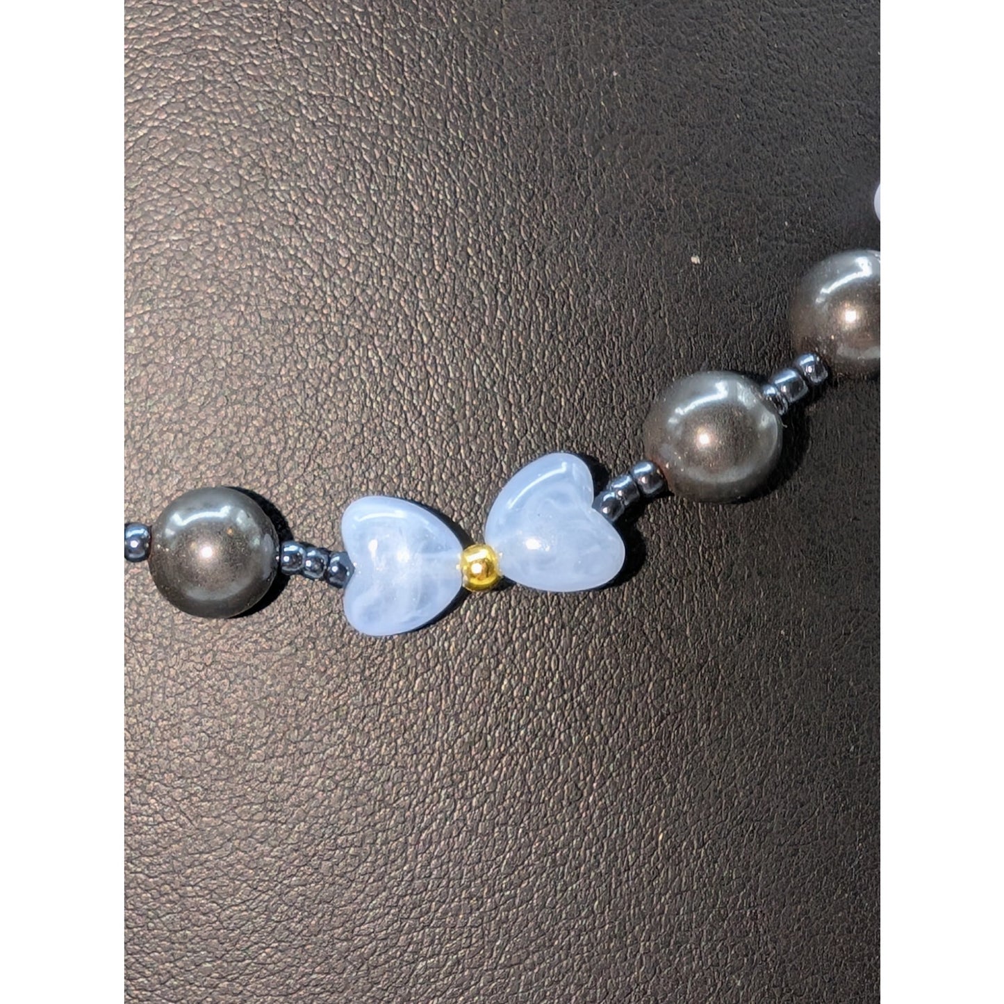 Vintage Gray Glass & Light Blue Heart Bead 18" Barrel Clasp Necklace