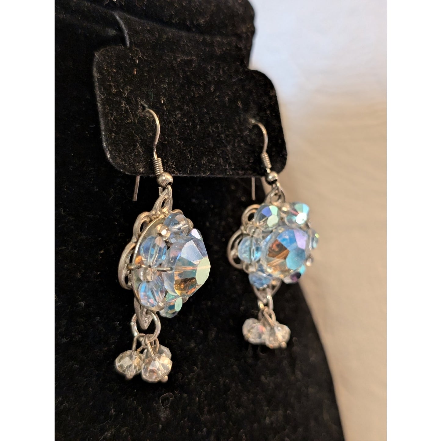 Vintage AB Crystal Three Clear Crystal Dangle Pierced Earrings