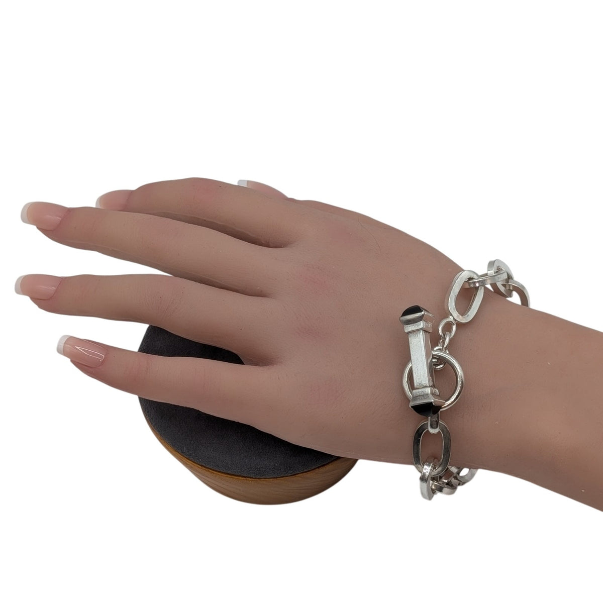 925 Italy Sterling Silver Onyx Toggle Oval Chain Link Bracelet 24.26g