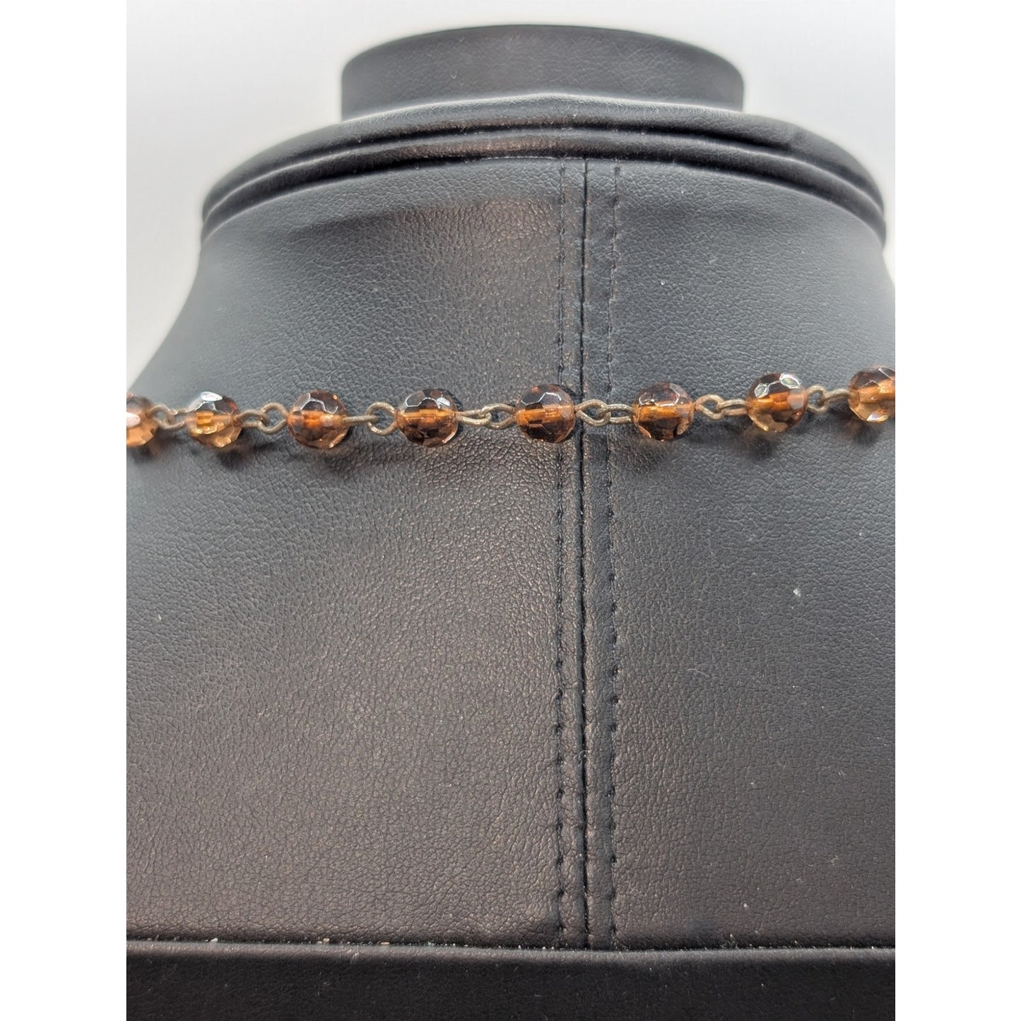 Vtg Amber Color Czech Glass Bead Toggle Clasp Rhinestone Pendant 21" Necklace