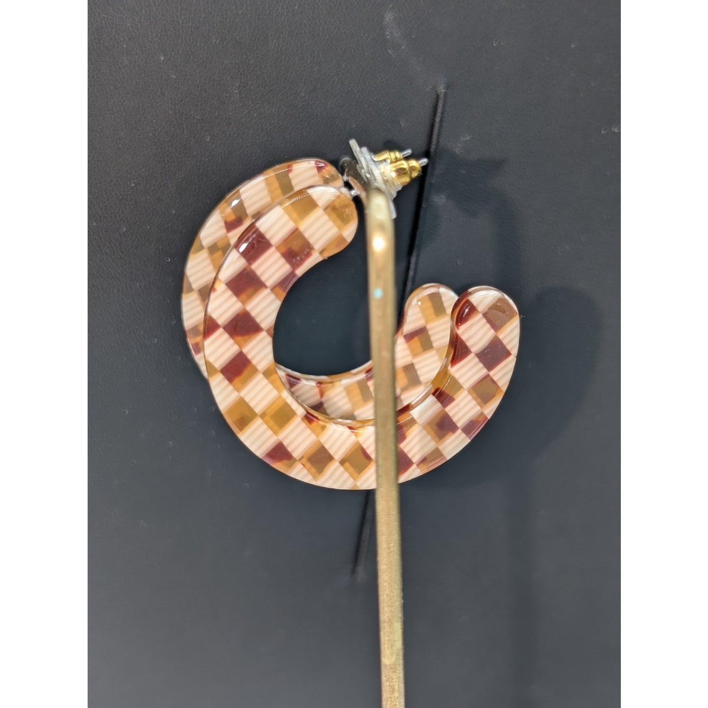 Tortoise Checkerboard Acrylic Half 1.75" Hoop Earrings