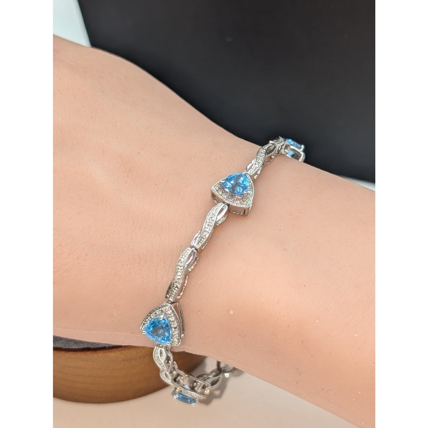 Trillion Cut Blue Topaz & Diamond Marked 925 Sterling Silver Bracelet