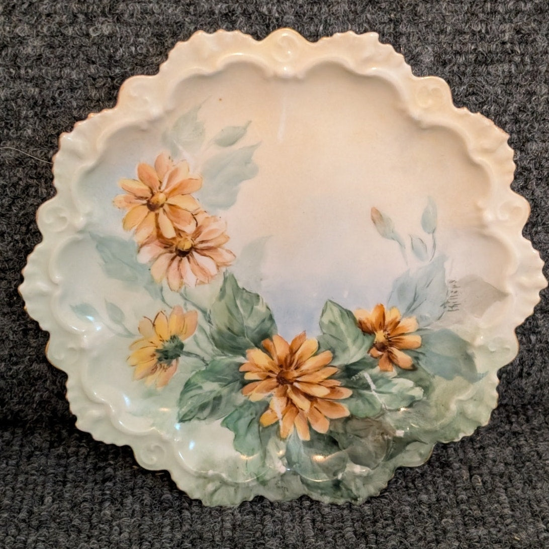 Vtg M.Z. Made in Austria Fancy Edge Hand-Painted Yellow Flower 6" Plate Signed