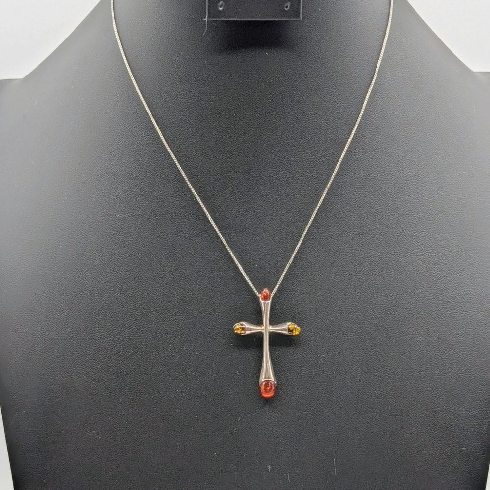 Vintage Baltic Amber 925 Sterling Silver Cross Pendant 18" Chain Necklace