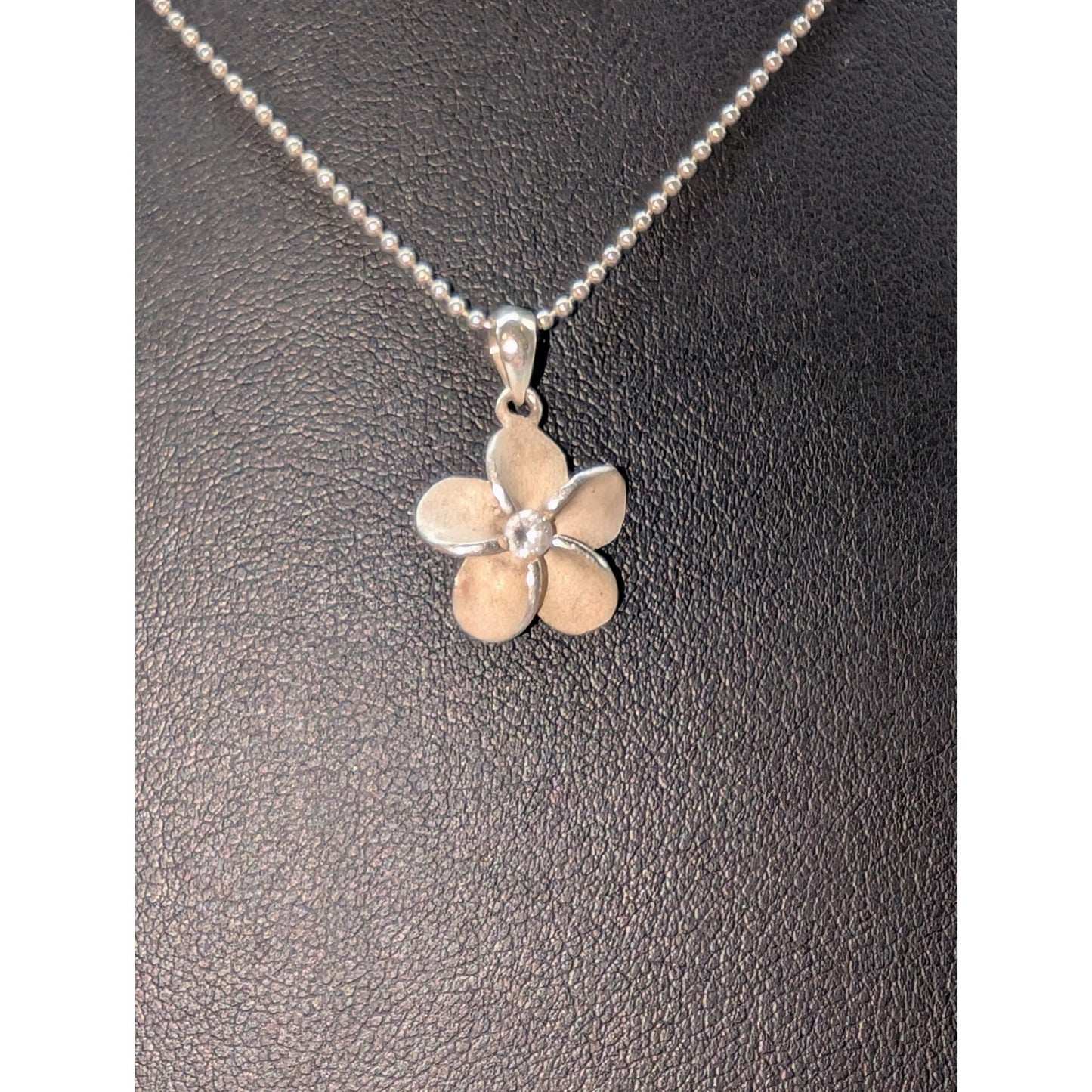 Vintage 925 Sterling Silver CZ Flower Pendant Bead Ball Chain 16" Necklace