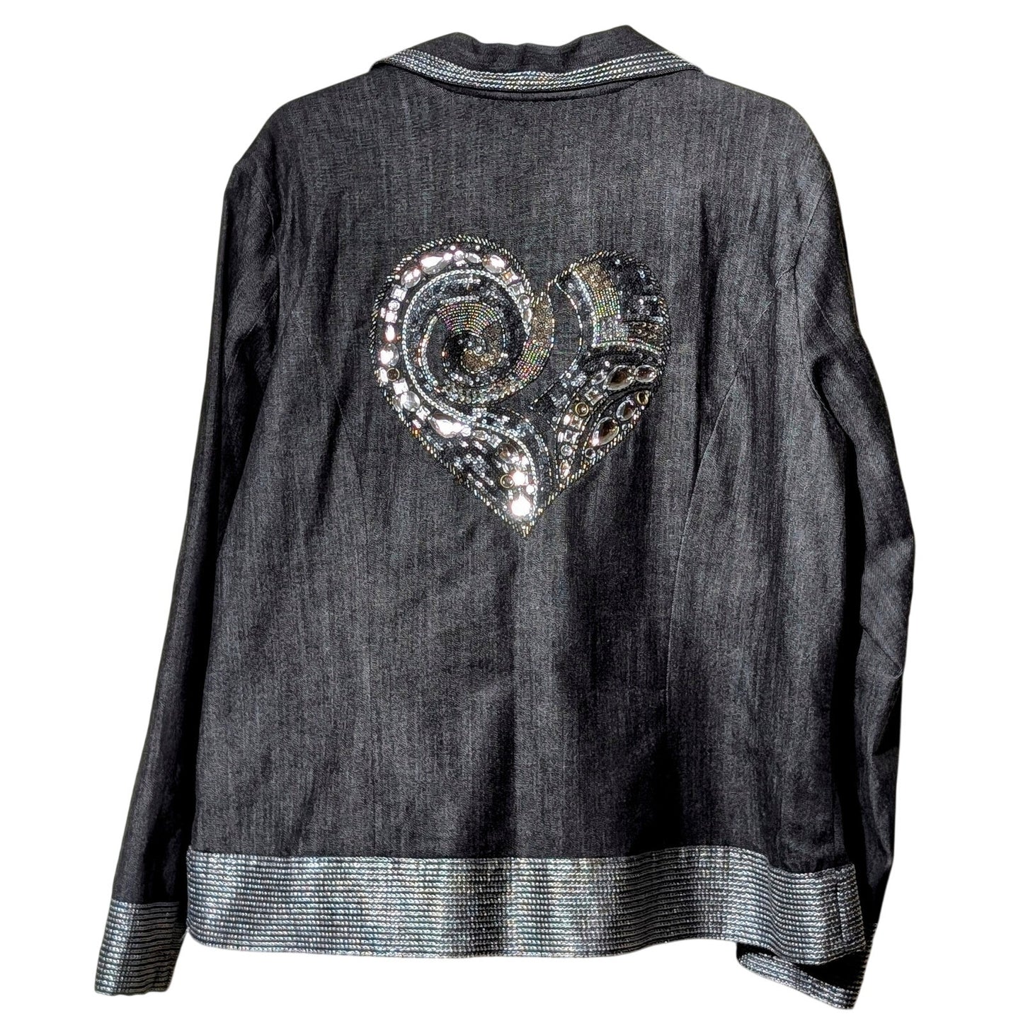 Chico's LOVE Gray/Silver  Denim Zip Front Top Stitch Embellished Jean Sz XL