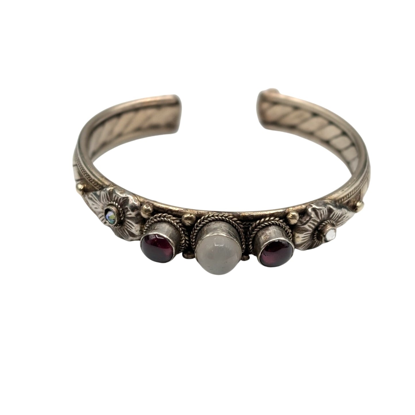 Vintage 70s Silver Metal Semi-Precious Stones India Cuff Bracelet